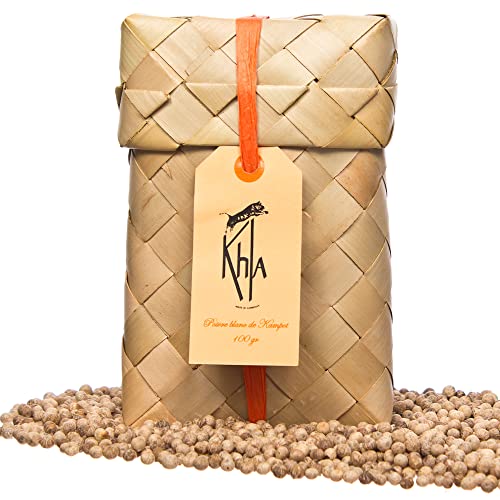 KHLA - Weißer Kampot-Pfeffer Premium-GGA - 100 g - Pfefferkörner im Beutel - Aus biologischem Anbau - Traditionelle Verpackung in Palmblättern von Khla