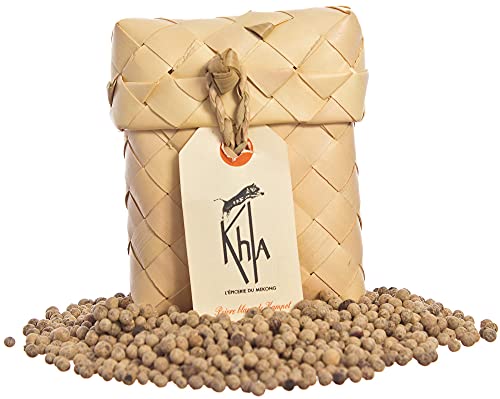 KHLA - Weißer Kampot-Pfeffer Premium-GGA - 50g - Pfefferkörner im Beutel - Aus biologischem Anbau - Traditionelle Verpackung in Palmblättern von Khla