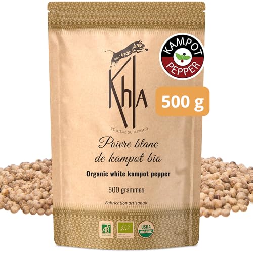 Khla - Kampot Pfeffer Weiß Bio 500g - Weißer Pfefferkörner Ganz Biologisch - Grand Cru, Stark & Kräftig - Zutat Küchen - Direkt vom Erzeuger - Weiße Körner Ganze für Mühle - Aus Kambodscha von Khla