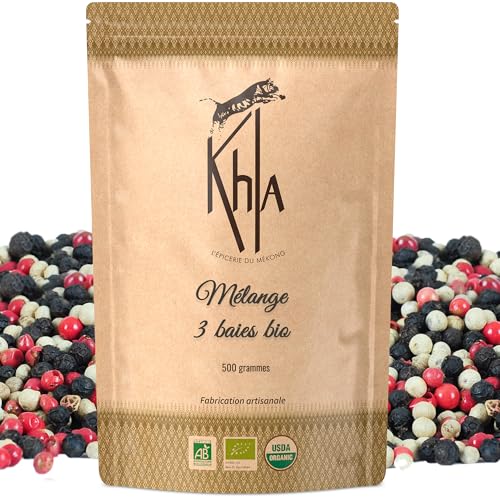 Khla - Bunter Pfeffer Ganz Bio 500g - Schwarzer, Weißer & Rosa Pfeffer - Bunt Kampot Pfefferkörner - Premium Qualität - Limitierte Produktion - Direkt vom Erzeuger - Aus Kambodscha & Madagaskar von Khla