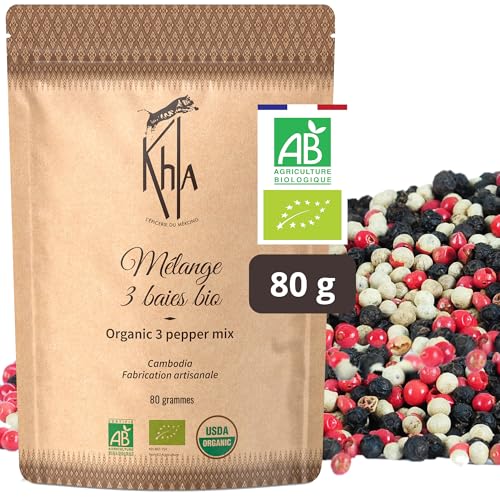 Khla - Bunter Pfeffer Ganz Bio 80 g - Schwarzer, Weißer & Rosa Pfeffer - Bunt Kampot Pfefferkörner - Premium Qualität - Limitierte Produktion - Direkt vom Erzeuger - Aus Kambodscha & Madagaskar von Khla