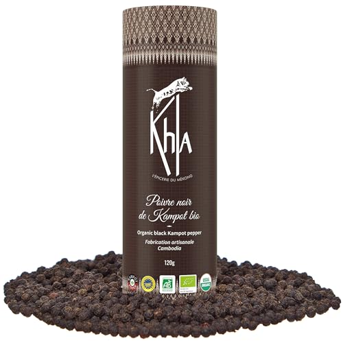 Khla - Kampot Pfeffer Schwarz Bio 120g - Schwarzer Pfefferkörner Ganz Biologisch - Grand Cru - Zutat Küchen - Direkt vom Erzeuger - Schwarze Körner Ganze für Mühle - Aus Kambodscha von Khla