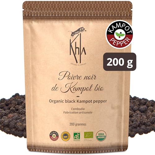 Khla - Kampot Pfeffer Schwarz Bio 200g - Schwarzer Pfefferkörner Ganz Biologisch - Grand Cru - Zutat Küchen - Direkt vom Erzeuger - Schwarze Körner Ganze für Mühle - Aus Kambodscha von Khla