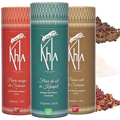Khla - Mékong-Trio-Geschenkset - Szechuan Pfefferkörner & Kampot-Meersalz - Roter & Grüner Pfeffer - Gourmet Gewürzset Geschenkidee - 150g & 2x 50g - Asiatische Gewürze aus China & Kambodscha von Khla