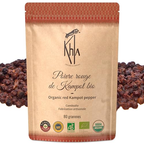 Khla - Kampot Pfeffer Rot Bio 80g - Roter Pfefferkörner Ganz Biologisch - Süß & Fruchtig - Zutat Küchen - Direkt vom Erzeuger - Rote Körner Ganze für Mühle - Herkunft Kambodscha von Khla