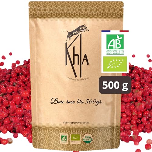 Khla - Rosa Pfeffer 500 g - Bio-zertifiziert - Pfefferkörner Ganz aus Madagaskar - Rosa Beeren - Premium Qualität - Bourbon Pfeffer - Süßer & Fruchtiger Geschmack - Direkt vom Erzeuger von Khla