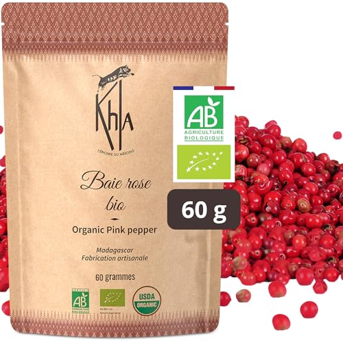 Khla - Rosa Pfeffer 60 g - Bio-zertifiziert - Pfefferkörner Ganz aus Madagaskar - Rosa Beeren - Premium Qualität - Bourbon Pfeffer - Süßer & Fruchtiger Geschmack - Direkt vom Erzeuger von Khla