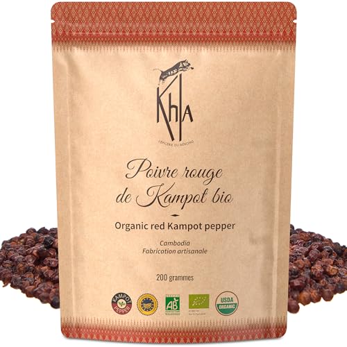 Khla - Kampot Pfeffer Rot Bio 200g - Roter Pfefferkörner Ganz Biologisch - Grand Cru, Süß & Fruchtig - Zutat Küchen - Direkt vom Erzeuger - Rote Körner Ganze für Mühle - Aus Kambodscha Khla - Kampot Pfeffer Rot Bio 200g - Roter Pfefferkörner Ganz Biologisch - Grand Cru, Süß & Fruchtig - Zutat Küchen - Direkt vom Erzeuger - Rote Körner Ganze für Mühle - Aus Kambodscha von Khla