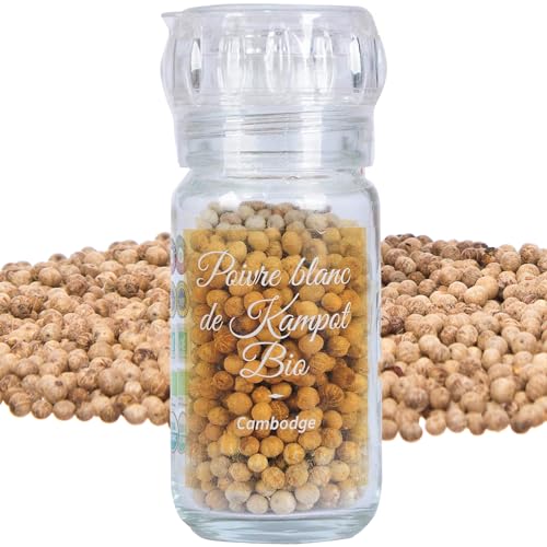 Khla – Zertifizierter Bio-Kampot-Weißpfeffer 45 g – Nachfüllbare Mühle – Beutel mit Bio-Pfefferkörnern – Grand Cru, stark und kraftvoll – Küchenzutat – Direkter Produzent – ​​Herkunft Kambodscha von Khla