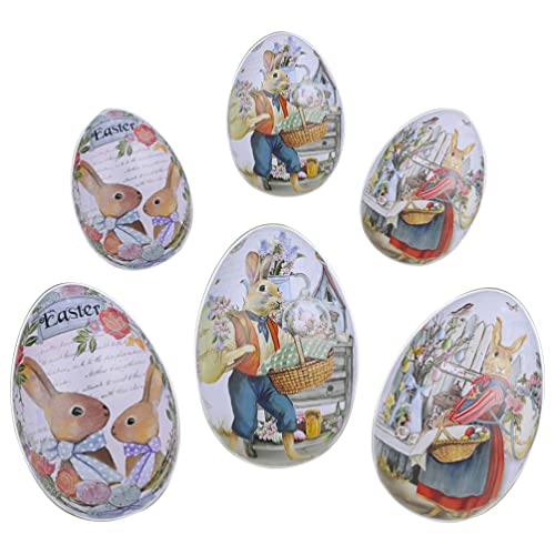 Kichvoe Hochzeitszubehör 6 Stück Osterkeksdosen Eierschalen-Blechdose Hase Kaninchen Druck Süßigkeiten Dose Eiform Retro-Schmuck Geschenkdose Für Frühlings-Osterkekse Hochzeitsdekoration von Kichvoe