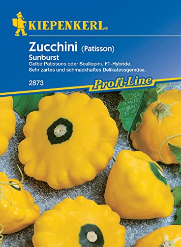 Kiepenkerl 2873 Zucchini Sunburst F1, die gelben Früchte mit dekorativem grünen Fleck sind jung geerntet besonders schmackhaft Kiepenkerl 2873 Zucchini Sunburst F1, die gelben Früchte mit dekorativem grünen Fleck sind jung geerntet besonders schmackhaft von Kiepenkerl