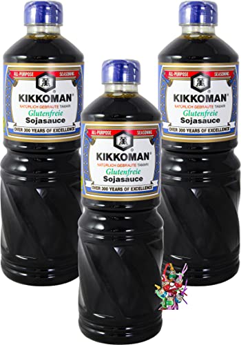 [ 3x 1000ml ] KIKKOMAN Tamari Glutenfreie Sojasauce / Soja Soße OHNE WEIZENZUSATZ + ein kleiner Glücksanhänger gratis von Kikkoman