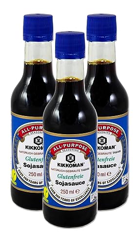 [ 3x 250ml ] KIKKOMAN Tamari Glutenfreie Sojasauce / Soja Soße OHNE WEIZENZUSATZ + ein kleines Glückspüppchen - Holzpüppchen von Kikkoman