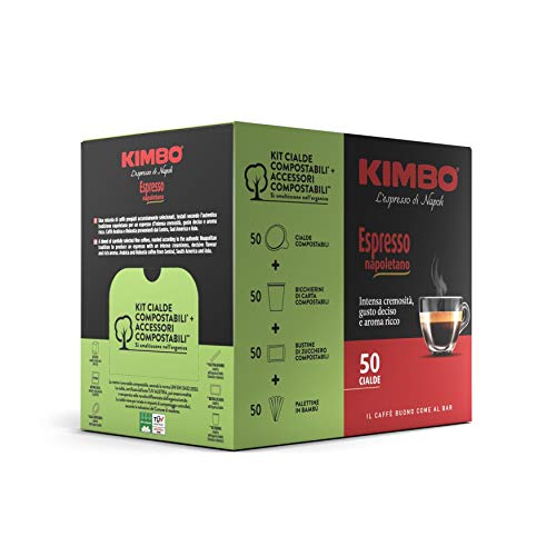 Kimbo Cialde Caffè Compostabili ESE Espresso Napoletano, 5 Pacchi da 50 Cialde (Totale 250 Cialde) + Kit Compostabile (Zucchero, Palette, Tazzine) von Kimbo