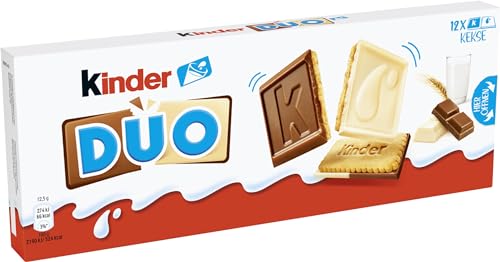 Ferrero kinder DUO – Kekse mit Schokoladentäfelchen aus Vollmilch- und weißer Schokolade – 12 Packungen à 150g mit je 12 Keksen von Kinder