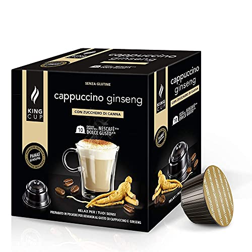 King Cup - 1 Packung mit 10 Ginseng Cappuccino Kapseln mit Rohrzucker, 10 Kapseln Kompatibel mit dem Nescafè Dolce Gusto-System, Glutenfrei und Laktosefrei King Cup - 1 Packung mit 10 Ginseng Cappuccino Kapseln mit Rohrzucker, 10 Kapseln Kompatibel mit dem Nescafè Dolce Gusto-System, Glutenfrei und Laktosefrei von King Cup