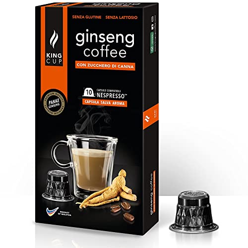 King Cup - 1 Packung mit 10 Ginseng mit Brauner Rohrzucker Kapseln, 10 Kapseln 100% Kompatibel mit dem Nespresso-System von Ginseng Getränk, Glutenfrei und Laktosefrei von King Cup