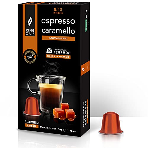 King Cup - 1 Packung mit 10 Kaffe Espresso mit Karamell Kapseln, 10 Kapseln 100% Kompatibel mit dem Nespresso-System von Karamellkaffee Getränk, Glutenfrei und Laktosefrei von King Cup