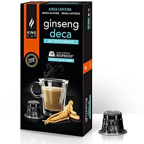 King Cup - 1 Packung mit 10 Zuckerfreier Ginseng Deca Kapseln, 10 Kapseln 100% Kompatibel mit dem Nespresso-System von Ginseng Getränk, Glutenfrei und Laktosefrei von King Cup
