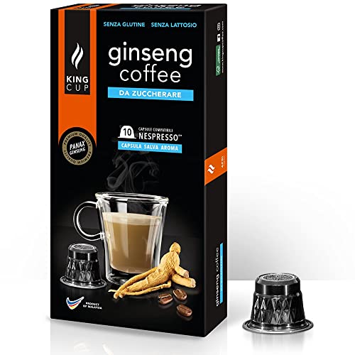 King Cup - 1 Packung mit 10 Zuckerfreier Ginseng Kapseln, 10 Kapseln 100% Kompatibel mit dem Nespresso-System von Ginseng Getränk, Glutenfrei und Laktosefrei von King Cup