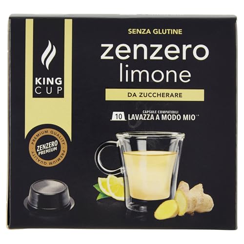 King Cup - 1 Packung mit 10 Zuckerfreier Ingwer und Zitrone Kapseln, 10 Kapseln Kompatibel mit dem Lavazza a Modo Mio-System, Getränk mit Zitronen und Ingwergeschmack, Glutenfrei und Laktosefrei von King Cup