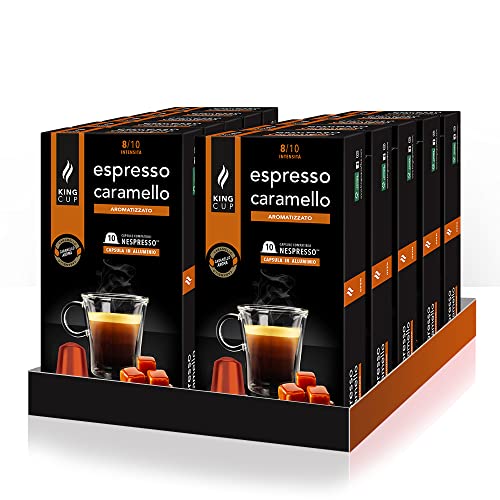 King Cup - 10 Packungen mit 10 Kaffe Espresso mit Karamell Kapseln, 100 Kapseln 100% Kompatibel mit dem Nespresso-System von Karamellkaffee Getränk, Glutenfrei und Laktosefrei von King Cup