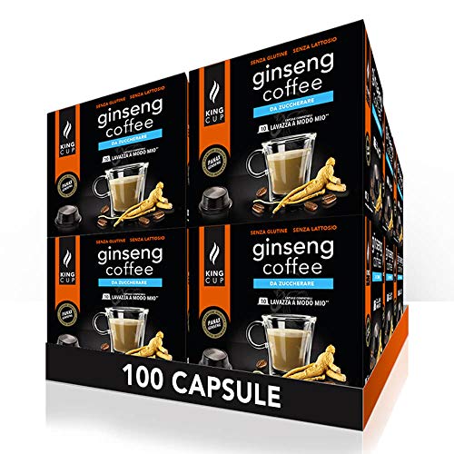 King Cup - 10 Packungen mit 10 Zuckerfreier Ginseng Kapseln, 100 Kapseln 100% Kompatibel mit dem Lavazza a Modo Mio-System von Ginseng Getränk, Glutenfrei und Laktosefrei von King Cup