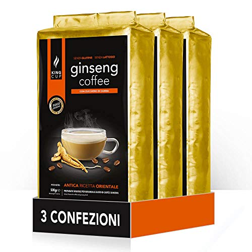 King Cup - 3 Verpackungen mit 500 Gr Ginseng mit Brauner Rohrzucker-Löslichem Kaffeepulver zum Süßen, Ideal zum Hinzufügen zu Heißem Wasser, Glutenfrei, Laktosefrei und Gentechnikfrei von King Cup
