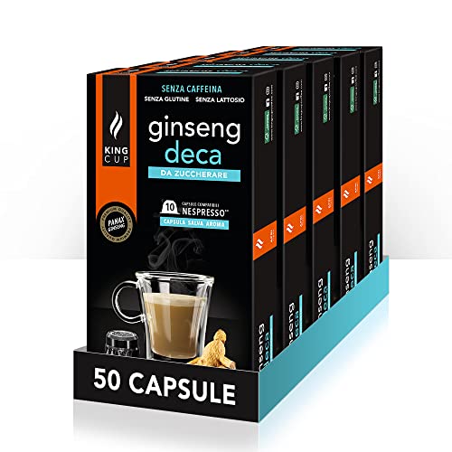 King Cup - 5 Packungen mit 10 Zuckerfreier Ginseng Deca Kapseln, 50 Kapseln 100% Kompatibel mit dem Nespresso-System von Ginseng Getränk, Glutenfrei und Laktosefrei von King Cup