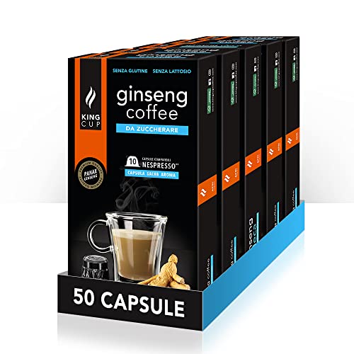 King Cup - 5 Packungen mit 10 Zuckerfreier Ginseng Kapseln, 50 Kapseln 100% Kompatibel mit dem Nespresso-System von Ginseng Getränk, Glutenfrei und Laktosefrei von King Cup