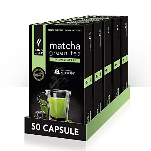 King Cup - 5 Packungen mit 10 Zuckerfreier Matcha-Tee Kapseln, 50 Kapseln 100% Kompatibel mit dem Nespresso-System von Matcha-Tee Getränk, Glutenfrei und Laktosefrei von King Cup