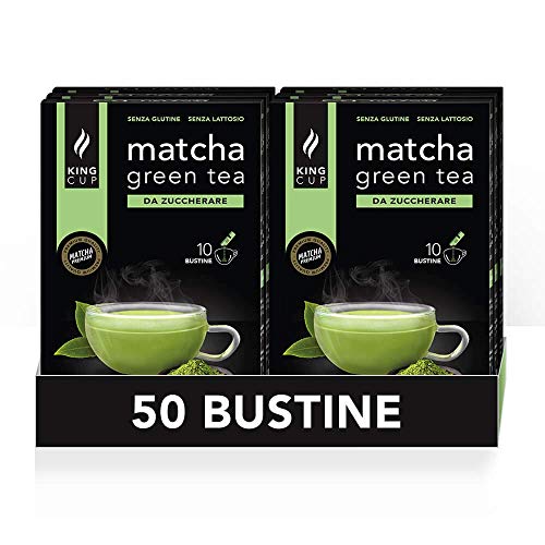 King Cup - 5 Packungen mit 10 Zuckerfreier Matcha-Tee Lösliche Beutel, 50 Sticks von 6 Gr für Matcha-Tee Getränk, zu Heißem 60 ml Wasser Geben, Glutenfrei und Laktosefrei von King Cup