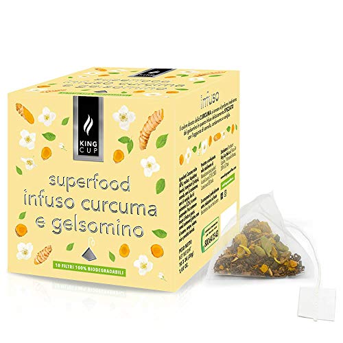 King Cup - Aufguss von Kurkuma und Jasmin, 4 Packungen mit je 10 biologisch abbaubaren Filtern, entspannende Mischung mit Noten von Zimt, Vanille und Kardamom, Natürliches Superfood, 40 Filter von King Cup