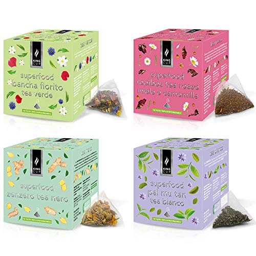 King Cup - Multipack von verschiedenen Tee - 4 Packungen mit je 10 bio abbaubaren Filtern, 1x Rooiboss Red Tea, 1x Bancha Flowered Green Tea, 1x White Pai Mu Tan Tee, 1x Black Ginger Tea, 40 Filter King Cup - Multipack von verschiedenen Tee - 4 Packungen mit je 10 bio abbaubaren Filtern, 1x Rooiboss Red Tea, 1x Bancha Flowered Green Tea, 1x White Pai Mu Tan Tee, 1x Black Ginger Tea, 40 Filter von King Cup