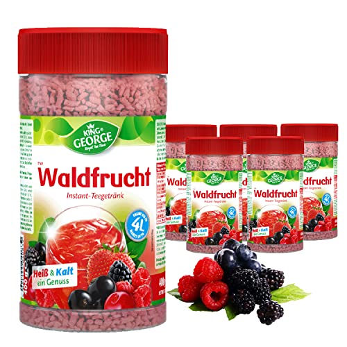 KING GEORGE - Royal Tea Time, Waldfrucht Instantgetränk 6 x 400 g, Heiß & Kalt ein Genuss, Instantteegetränk mit Waldfruchtgeschmack, ergibt bis zu 4 l, Schwarzteeextrakt von King George