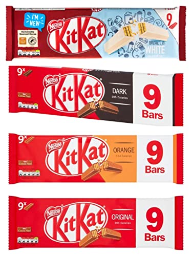 Kit Kat 2 Finger Mixed Set 4 x 9 Riegel (36 Riegel) von KitKat Original, Dunkel, Weiß und Orange Schokoladentafeln ideal für Lunchpakete, Picknicks oder einen Snack von Kingdom Supplies