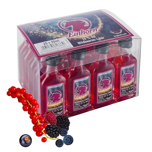 20er Box EINHORN Wildbeeren Likör 15% Vol. - 20 x 20 ml - 400 ml - Mini Glasfläschchen - Shot - Der magische Zauberlikör von Kinky Drinks