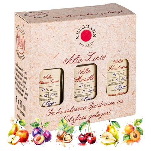 ALTE LINIE Mix – 6 exklusive Geschmacksrichtungen 6 x 0,02 l Obstbrand - Alte Himbeere, Alte Haselnuss, Alte Marille, Alter Obstgarten, Alte Birne, Alte Zwetschke von Kinky Drinks