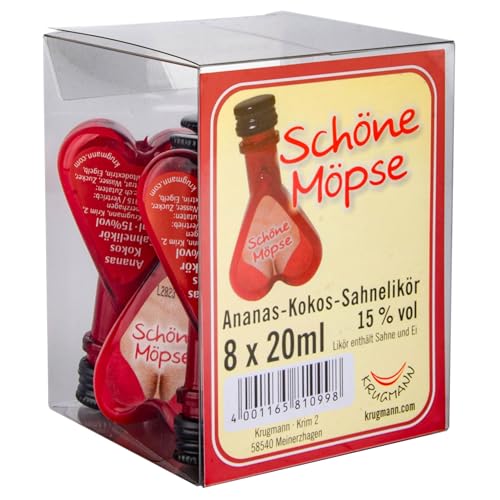 Krugmanns Ananas-Kokos-Sahnelikör "SCHÖNE MÖPSE" 8 x 0,02 L - 160 ML -15% Vol. Herzförmiges Formfläschchen PET- Likör mit Sahne und Ei. von Kinky Drinks