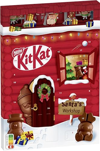 KitKat NESTLÉ KITKAT Adventskalender Schokolade mit 3D-Effekt, Weihnachtskalender mit 24 Schokoladenfiguren und Kugeln mit Knusperstückchen, 1er Pack (1 x 208g) von Kitkat