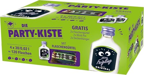Kleiner Feigling Party-Kiste - Feinster Vodka mit fruchtigem Feigenaroma - Der kultige Party Schnaps für jede Feier - fruchtiger Likör 120 x 0,02 L Shot - inkl. Flaschengürtel - 20 % vol. von Kleiner Feigling