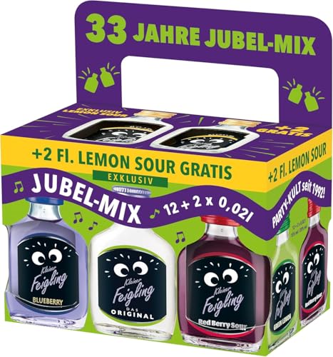 Kleiner Feigling 33 Jahre Jubel-Mix (12 x 20 ml) mit 2 Shots gratis – Der kultige Vodka-Schnaps in 6+1 fruchtigen Sorten – Frech, fruchtige Shots zum Feiern ideal für unterwegs – 15 % Vol. von Kleiner Feigling