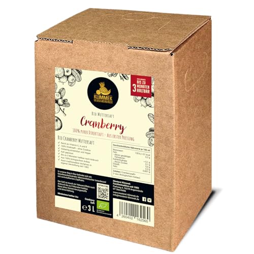 Klimmek Premium BIO Cranberrysaft - 100% BIO Direktsaft, Erfrischend & Belebend, 3 Liter Bag in Box von Klimmek