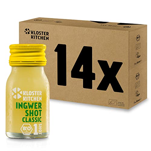 Kloster Kitchen Bio Ingwer Shot Classic 1SHOT 14 x 30 ml mit echten Ingwerstückchen I Ingwershot vegan in der To Go Glasflasche I süß-scharf ohne Zusatzstoffe & mit natürlicher Süße von Kloster Kitchen