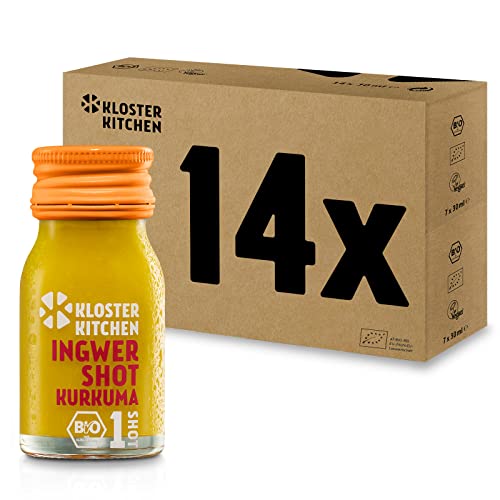 Kloster Kitchen Bio Ingwer Shot Kurkuma 1SHOT 14x 30 ml mit echten Ingwerstückchen I Ingwershot mit Kurkuma vegan in der To Go Flasche I süß-scharf ohne Zusatzstoffe & mit natürlicher Süße von Kloster Kitchen