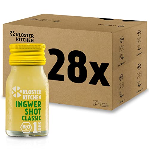 Kloster Kitchen Classic 28 x 30 ml mit echten Ingwerstückchen I Bio Ingwer Shot vegan in der To Go Glasflasche I Ingwershot süß-scharf ohne Zusatzstoffe & mit natürlicher Süße von Kloster Kitchen