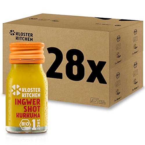 Kloster Kitchen Bio Ingwer Shot Kurkuma 1SHOT 28x 30 ml mit echten Ingwerstückchen I Ingwershot mit Kurkuma vegan in der To Go Flasche I süß-scharf ohne Zusatzstoffe & mit natürlicher Süße von Kloster Kitchen