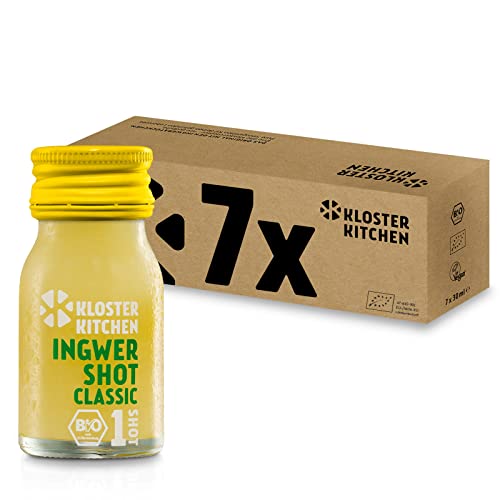 Kloster Kitchen Bio Ingwer Shot Classic 1SHOT 7 x 30 ml mit echten Ingwerstückchen I Ingwershot vegan in der To Go Glasflasche I süß-scharf ohne Zusatzstoffe & mit natürlicher Süße von Kloster Kitchen