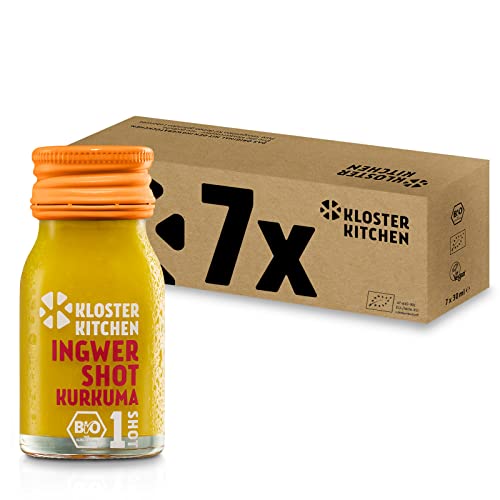 Kloster Kitchen Bio Ingwer Shot Kurkuma 1SHOT 7x 30 ml mit echten Ingwerstückchen I Ingwershot mit Kurkuma vegan in der To Go Flasche I süß-scharf ohne Zusatzstoffe & mit natürlicher Süße von Kloster Kitchen