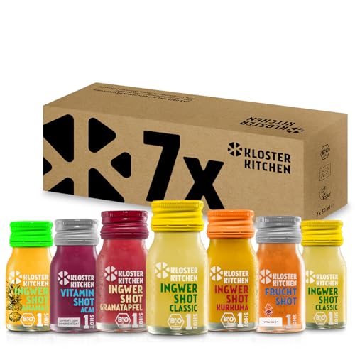 Kloster Kitchen Bio Ingwer Shot Mix | 7 Flaschen á 30 ml mit echten Ingwerstückchen I vegan in der Glasflasche von Kloster Kitchen